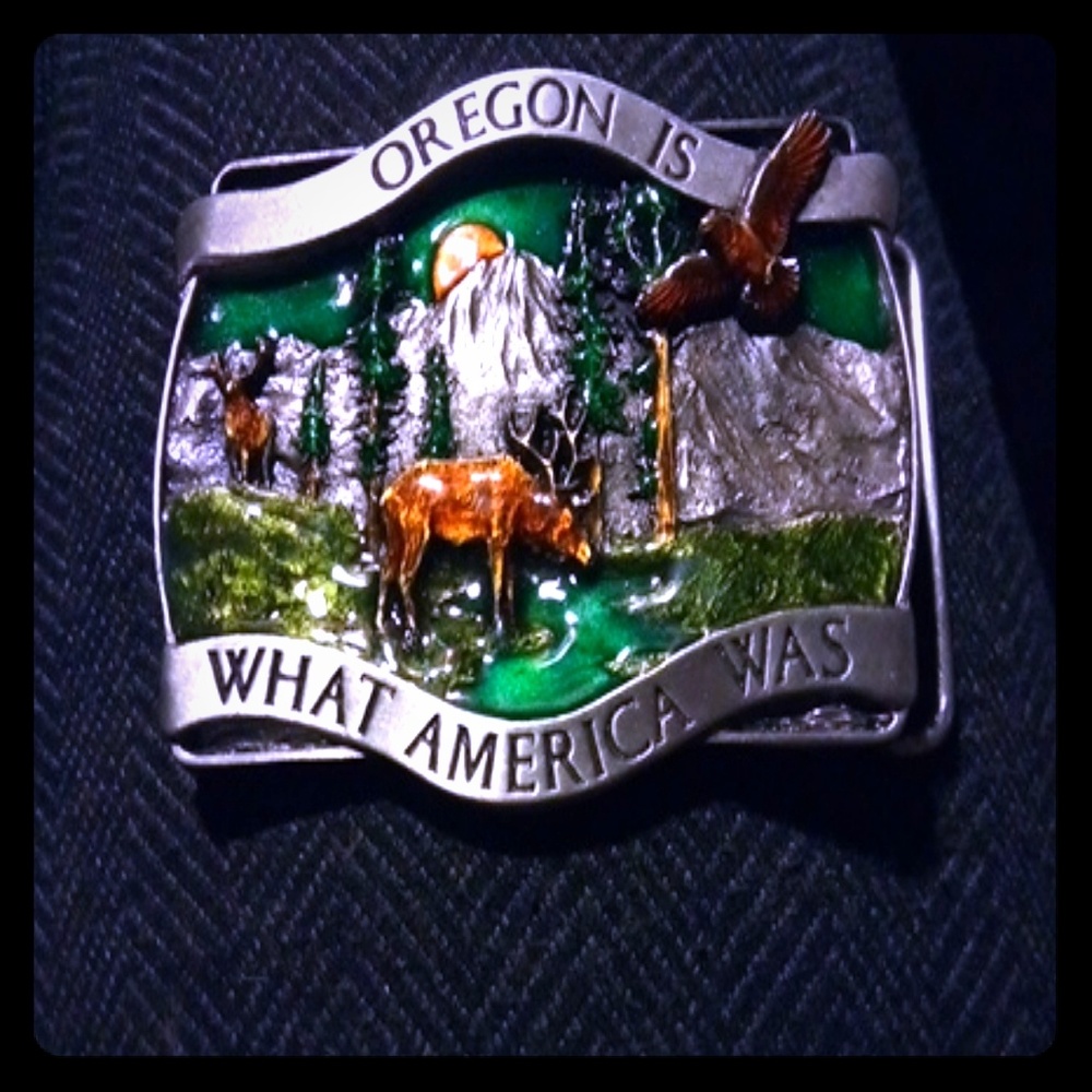 Brass and enamel vintage belt buckle. From 1981